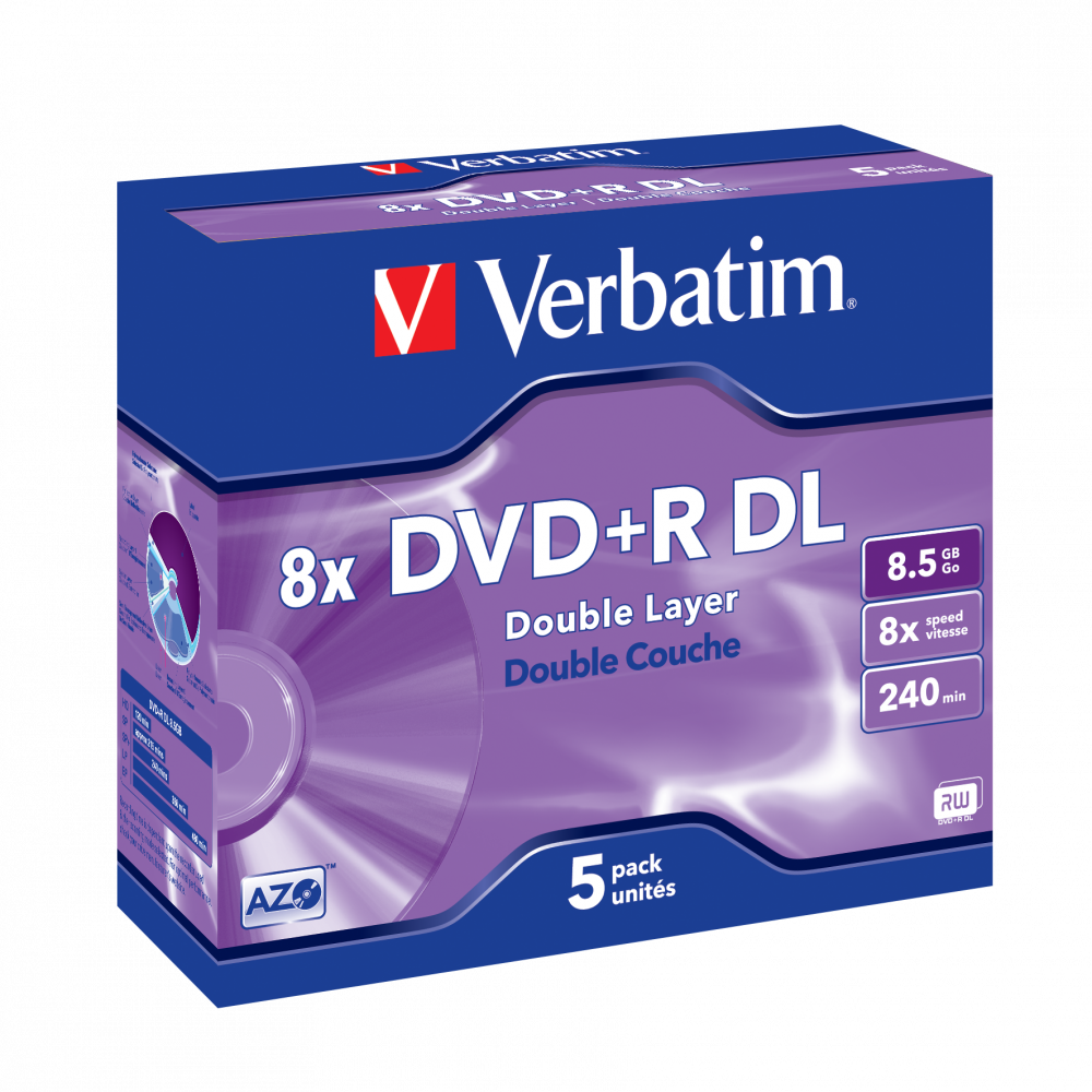 Оптический диск Verbatim DVD+R DL 8.5GB 8X AZO Matt Silver, Slim Case, 5 шт