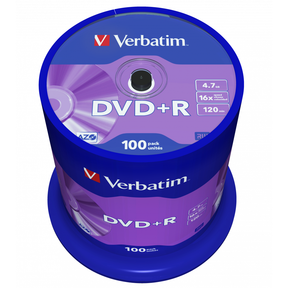 Оптический диск Verbatim DVD+R 4.7GB 16X AZO Matt Silver, Spindle, 100 шт