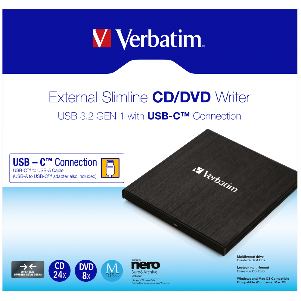 Привод внешний Verbatim Slimeline CD/DVD Writer USB-C 3.2 Gen 1