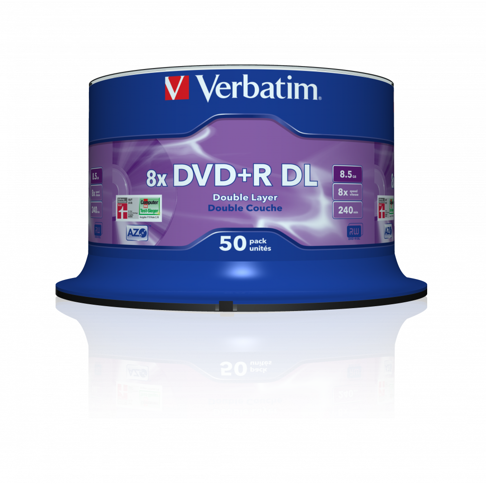 Оптический диск Verbatim DVD+R DL 8.5GB 8X AZO Matt Silver, Spindle, 50 шт