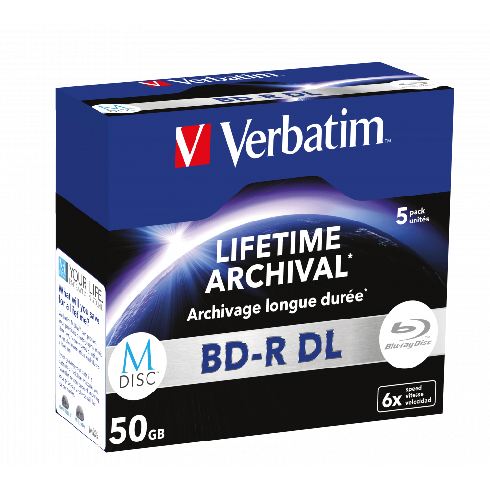 Оптический диск Verbatim BD-R DL 50GB 6X MDISC Lifetime archival, Jewel Case, 5 шт