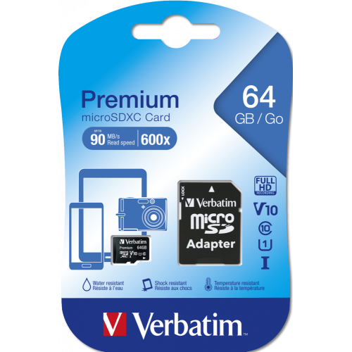Карта памяти Verbatim Premium microSDXC 64GB UHS-I U1 V10, R 90 МБ/с с адаптером