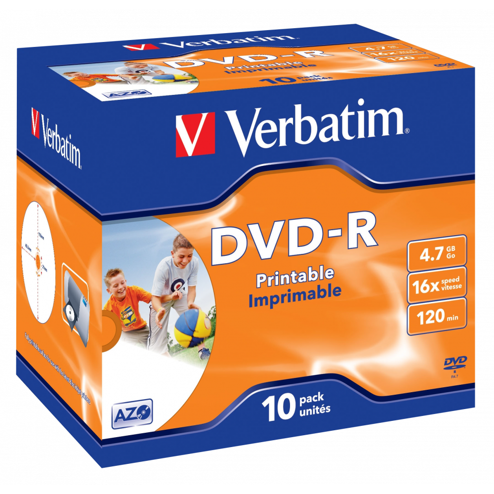 Оптический диск Verbatim DVD-R 4.7GB 16X AZO Wide Inkjet Printable ID Brand, Slim Case, 10 шт