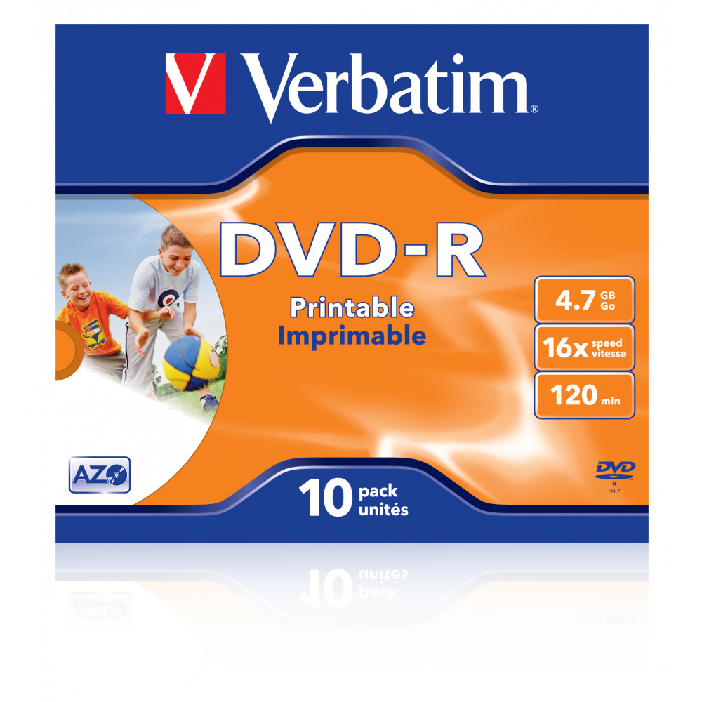 Оптический диск Verbatim DVD-R 4.7GB 16X AZO Wide Inkjet Printable ID Brand, Slim Case, 10 шт