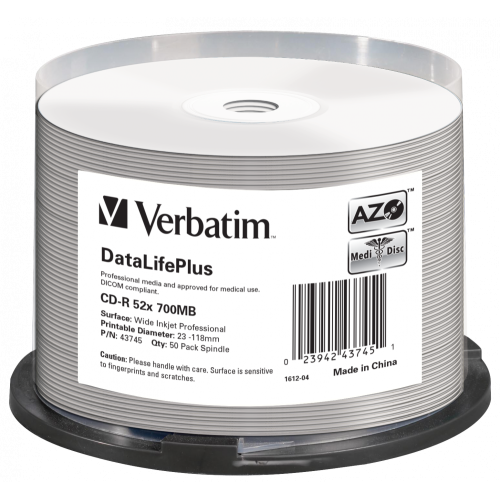 Оптический диск Verbatim CD-R 700MB 52X DataLifePlus MediDisc AZO Inkjet Printable, Spindle, 50 шт