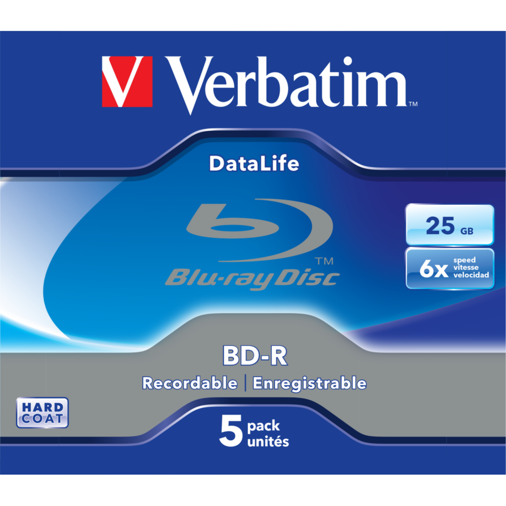 Оптический диск Verbatim BD-R SL 25GB 6X Datalife White Blue HardCoat, Slim Case, 5 шт