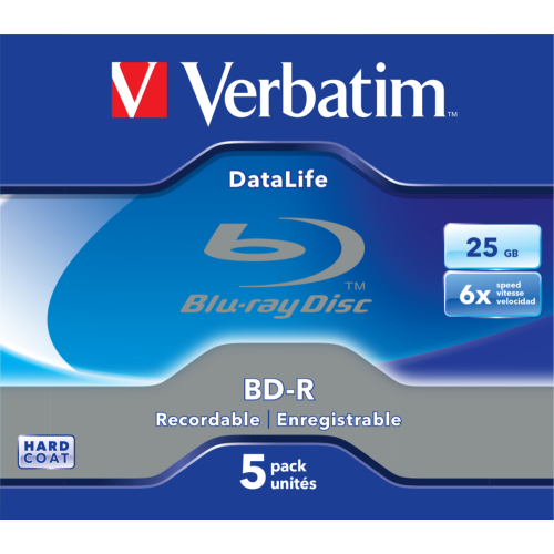 Оптический диск Verbatim BD-R SL 25GB 6X Datalife White Blue HardCoat, Slim Case, 5 шт