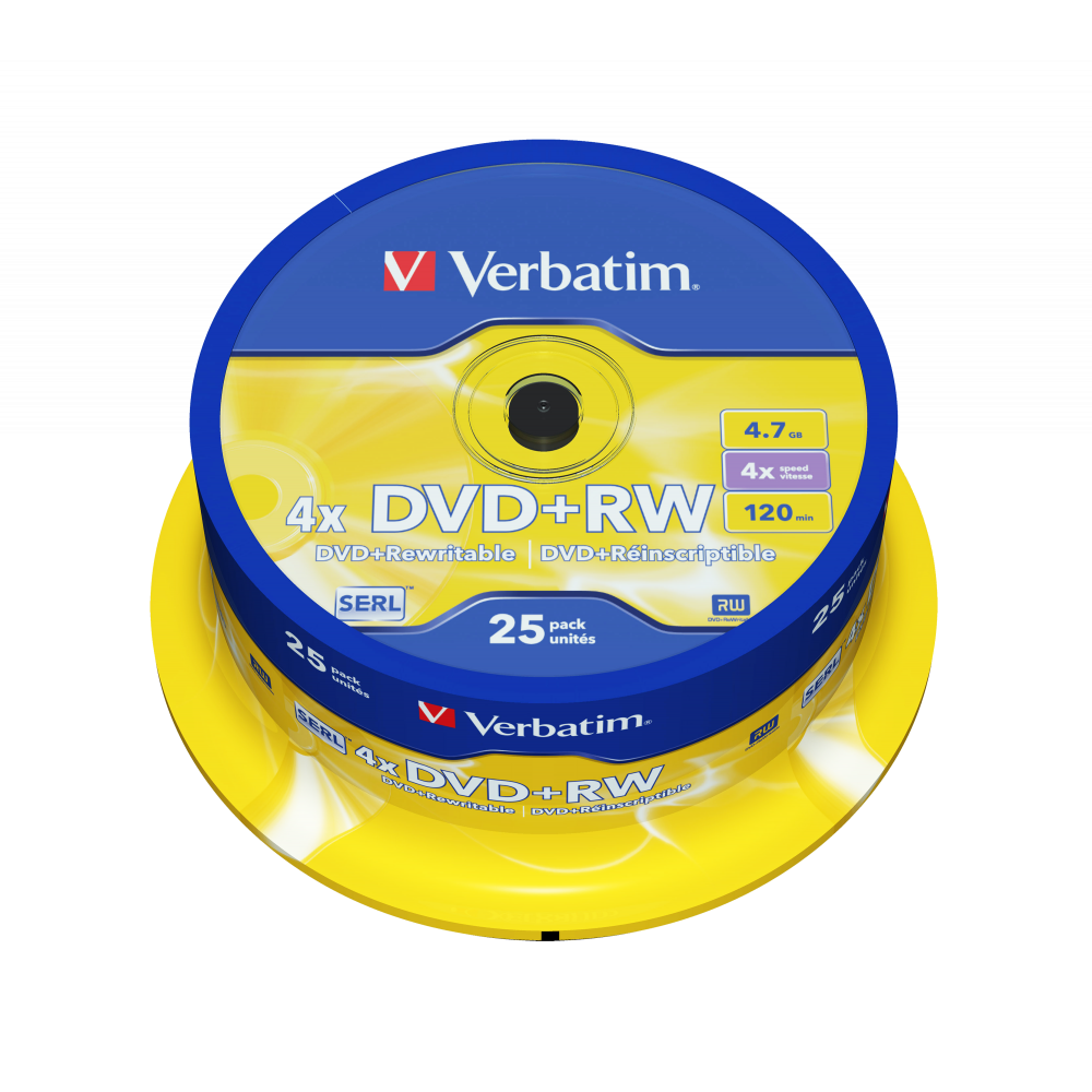 Оптический диск Verbatim DVD+RW 4.7GB 4X SERL Matt Silver, Spindle, 25 шт