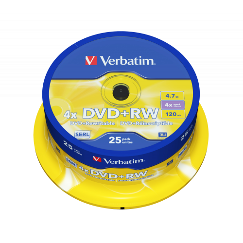 Оптический диск Verbatim DVD+RW 4.7GB 4X SERL Matt Silver, Spindle, 25 шт