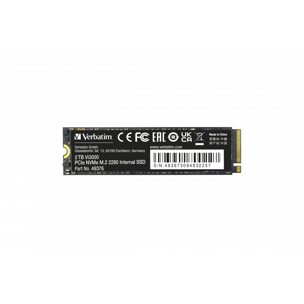 Внутренний накопитель Verbatim VI3000 M.2 SSD PCIe NVMe 2TB, R/W 3100/2900 МБ/с