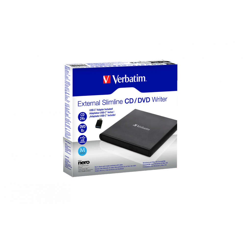 Привод внешний Verbatim Slimeline CD/DVD Writer USB 2.0 с адаптером на Type-C