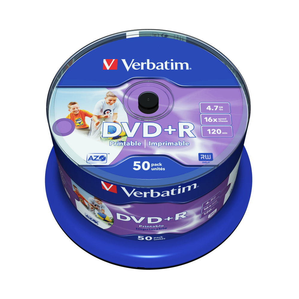 Оптический диск Verbatim DVD+R 4.7GB 16X AZO Wide Inkjet Printable No ID Brand, Spindle, 50 шт