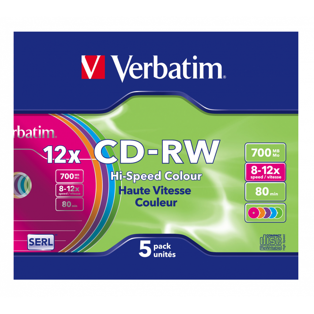 Оптический диск Verbatim CD-RW 700MB 12X Colour, Slim Case, 5 шт