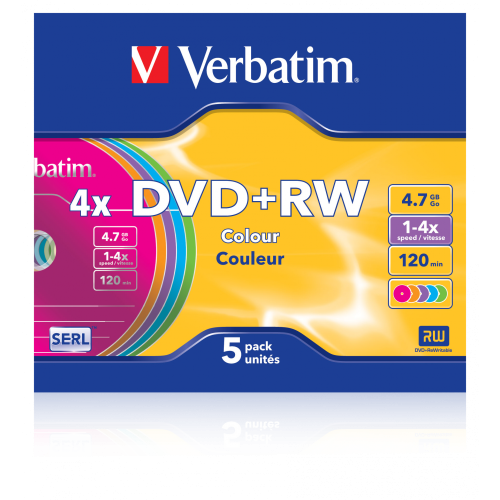 Оптический диск Verbatim DVD+RW 4.7GB 4X SERL Colour, Slim Case, 5 шт