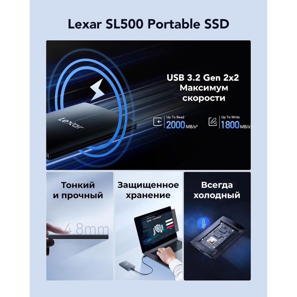 Внешний накопитель Lexar SL500 Portable SSD USB3.2 Gen2x2 1TB, R/W 2000/1800 МБ/с