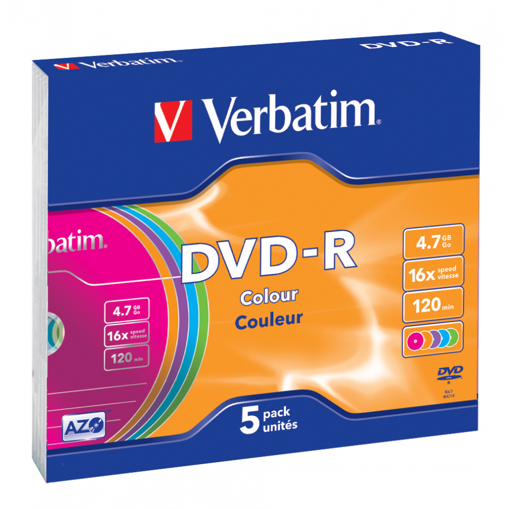 Оптический диск Verbatim DVD-R 4.7GB 16X AZO Color, Slim Case, 5 шт