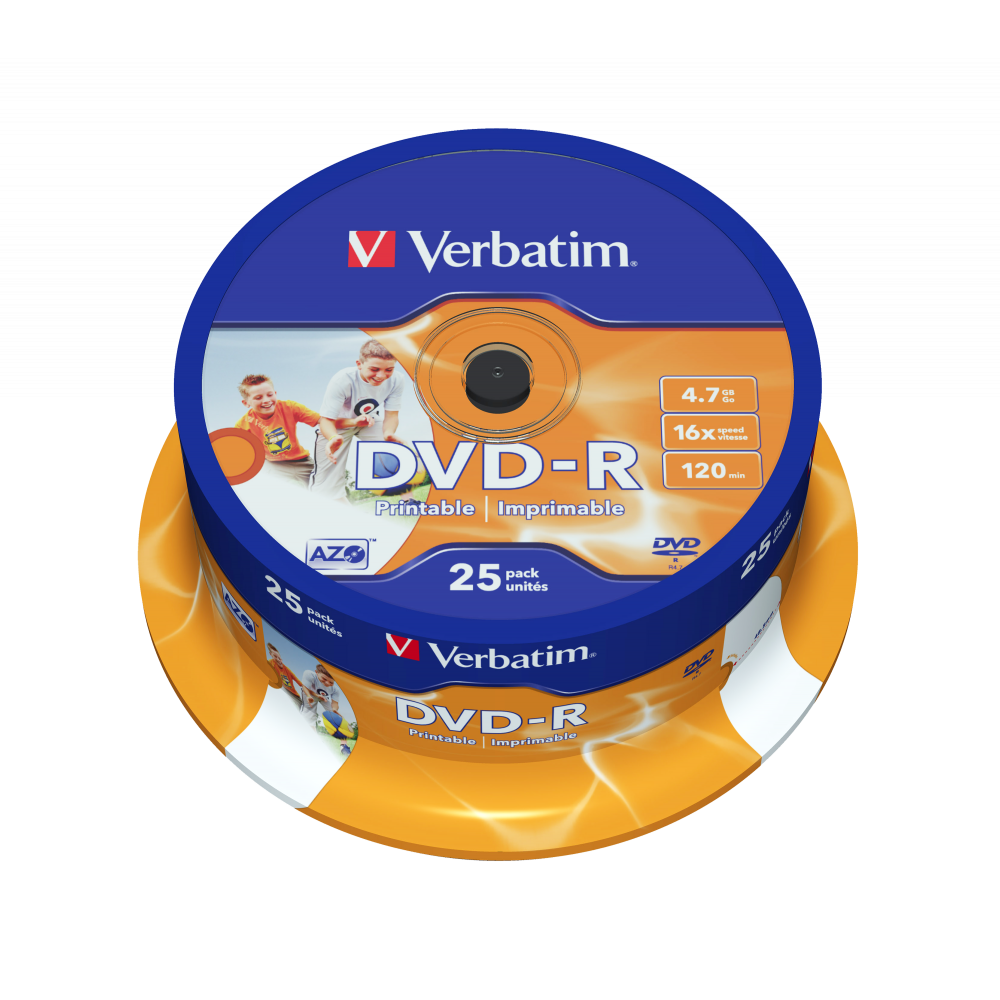 Оптический диск Verbatim DVD-R 4.7GB 16X AZO Wide Inkjet Printable ID Brand, Spindle, 25 шт