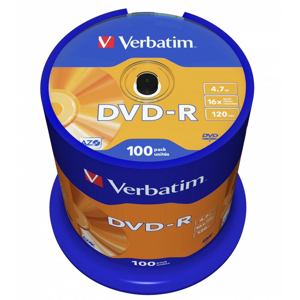 Оптический диск Verbatim DVD-R 4.7GB 16X AZO Matt Silver, Spindle, 100 шт