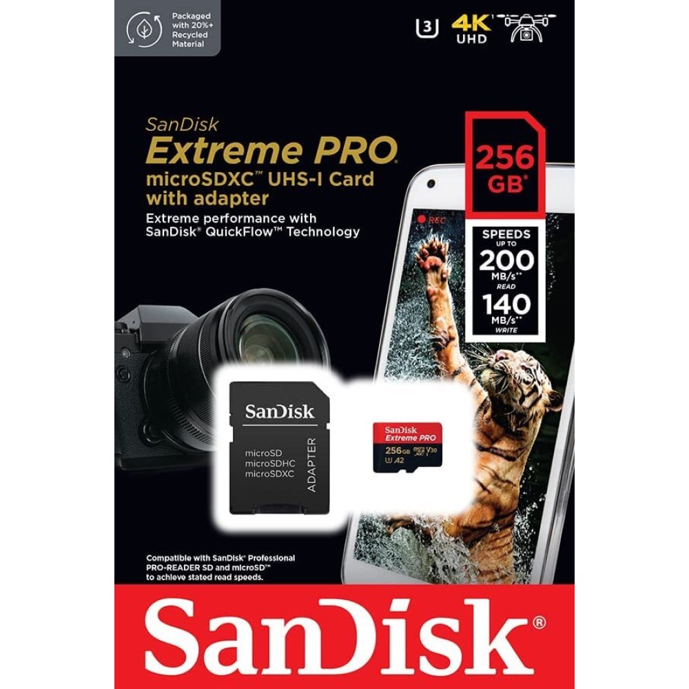 Карта памяти SanDisk Extreme Pro microSDXC 256GB UHS-I U3 V30 A2, R/W 200/140 МБ/с с адаптером
