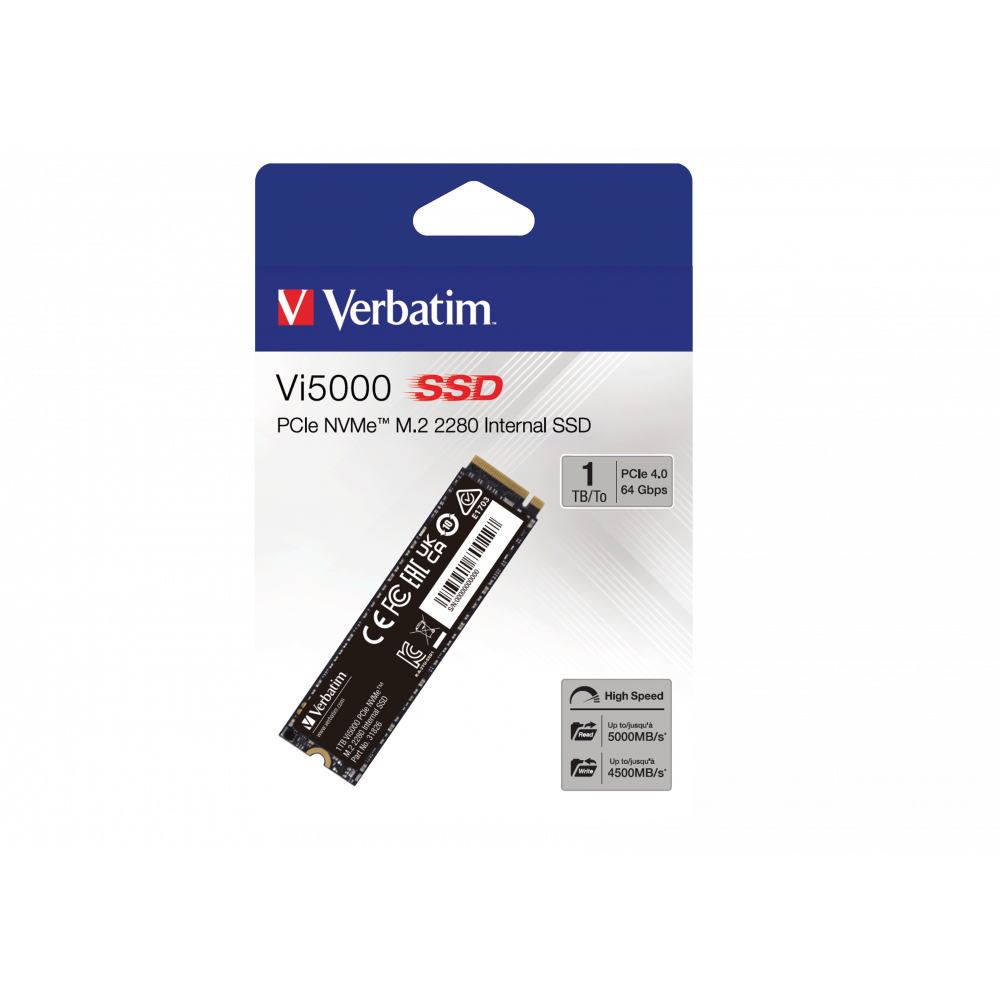 Внутренний накопитель Verbatim VI5000 M.2 SSD PCIe4 NVMe 1TB, R/W 5000/4500 МБ/с