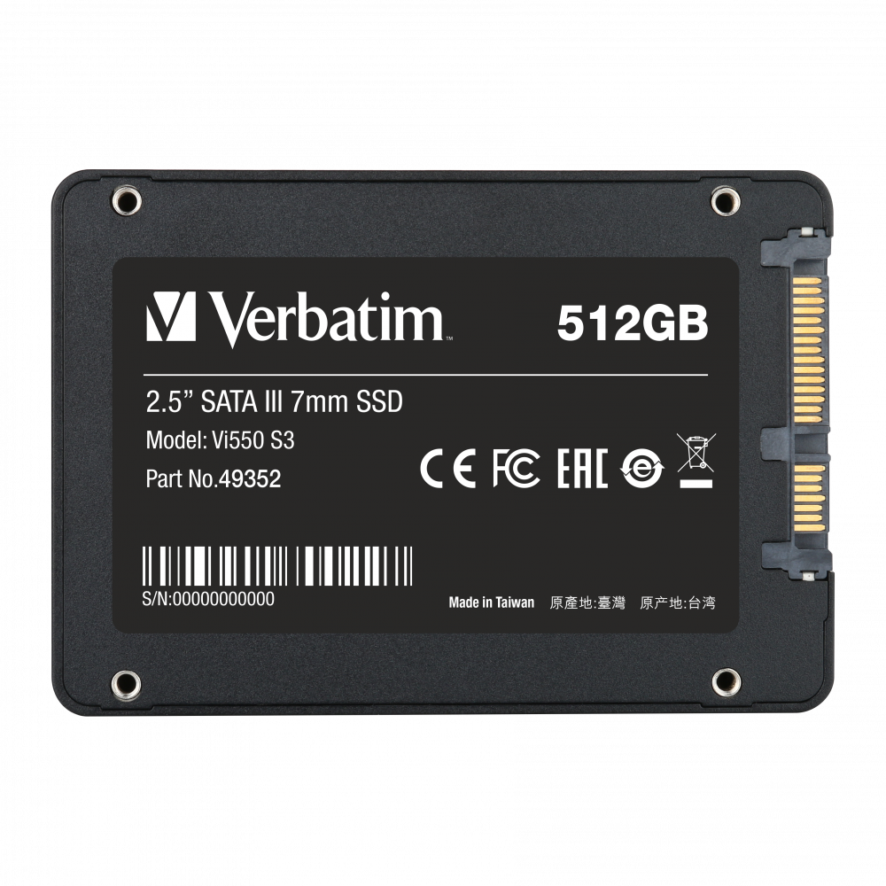 Внутренний накопитель Verbatim Vi550 S3 SSD 2,5'' SATA III 512GB, R/W 560/460 МБ/с