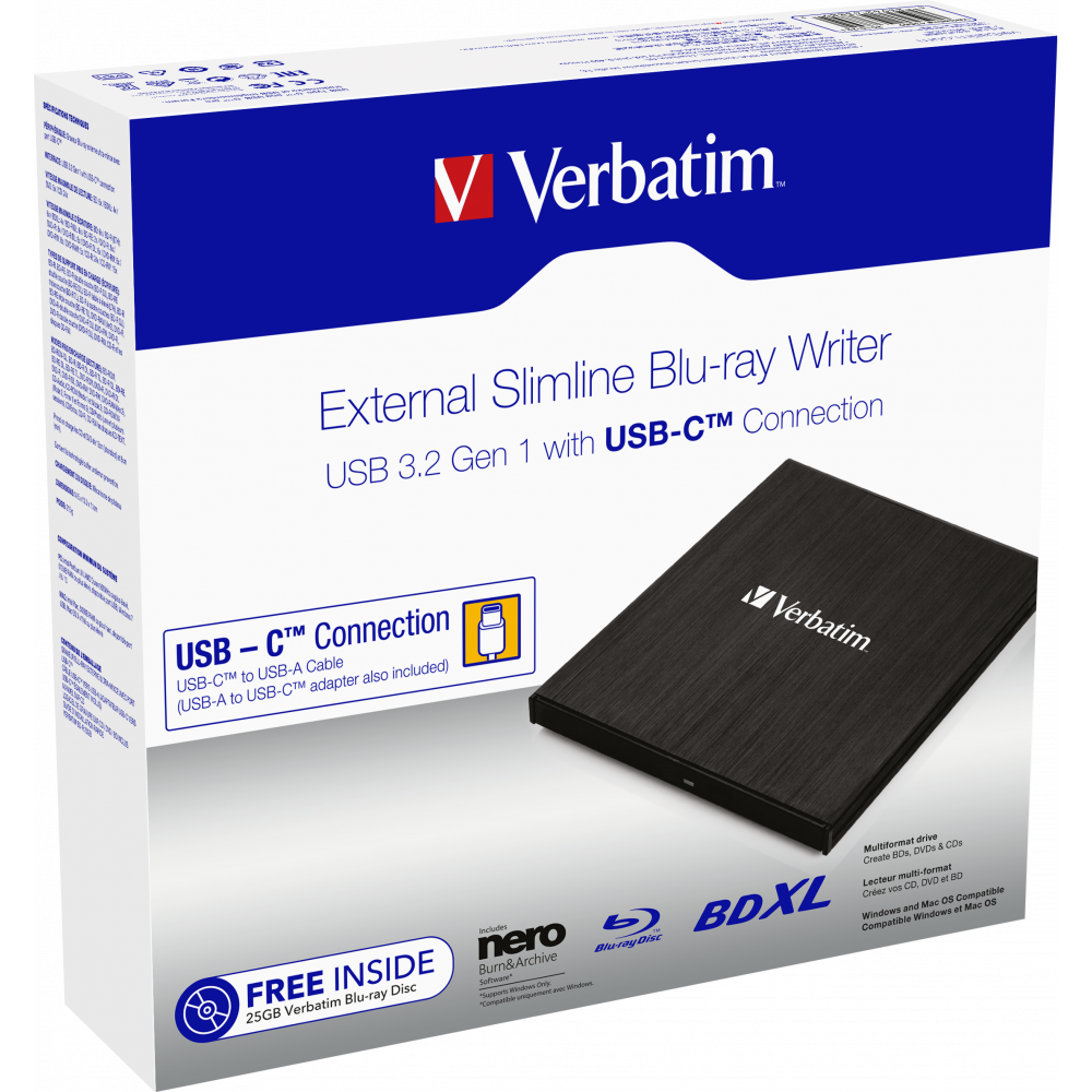 Привод внешний Verbatim External Slimline Blue-ray Writer USB-С 3.2 Gen 1