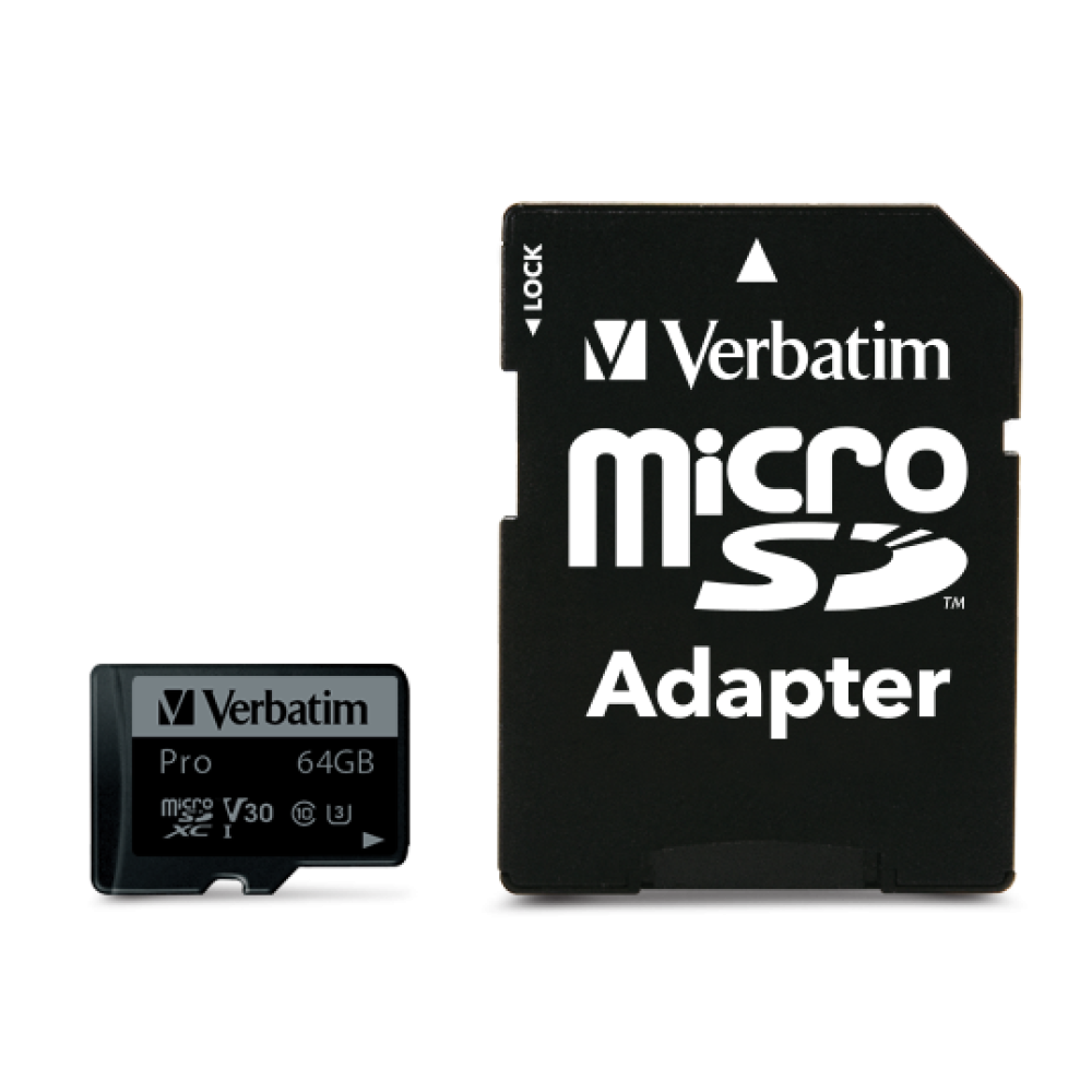 Карта памяти Verbatim Pro microSDXC 64GB UHS-I U3 V30, R/W 90/45 МБ/с с адаптером