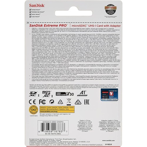 Карта памяти SanDisk Extreme Pro microSDXC 256GB UHS-I U3 V30 A2, R/W 170/90 МБ/с с адаптером