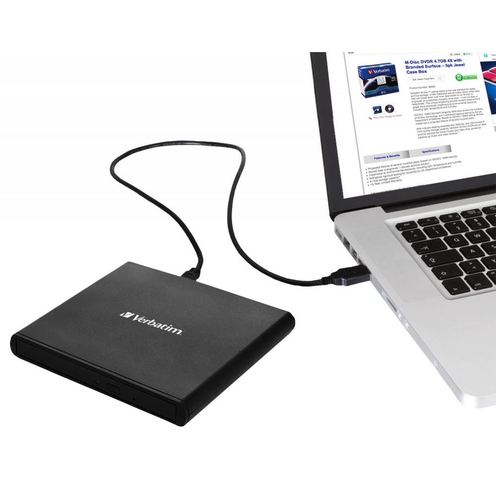 Привод внешний Verbatim Slimeline CD/DVD Writer USB 2.0 с адаптером на Type-C