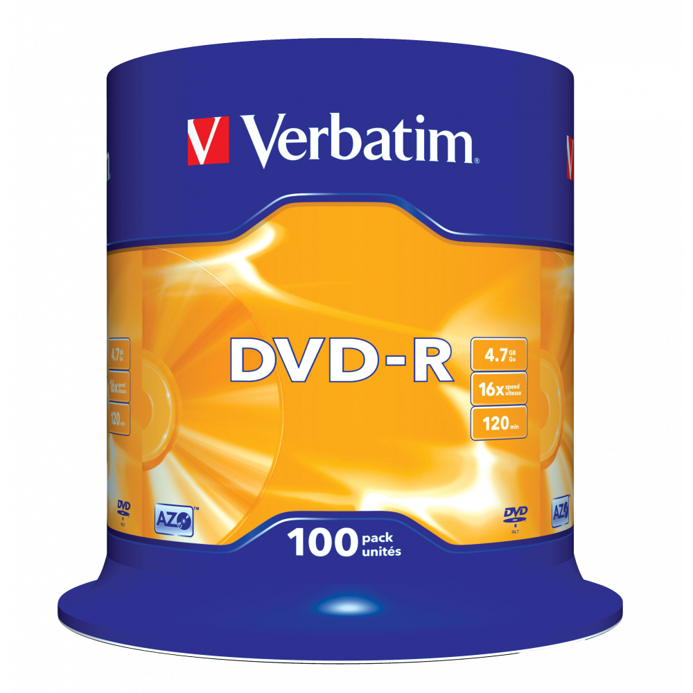 Оптический диск Verbatim DVD-R 4.7GB 16X AZO Matt Silver, Spindle, 100 шт