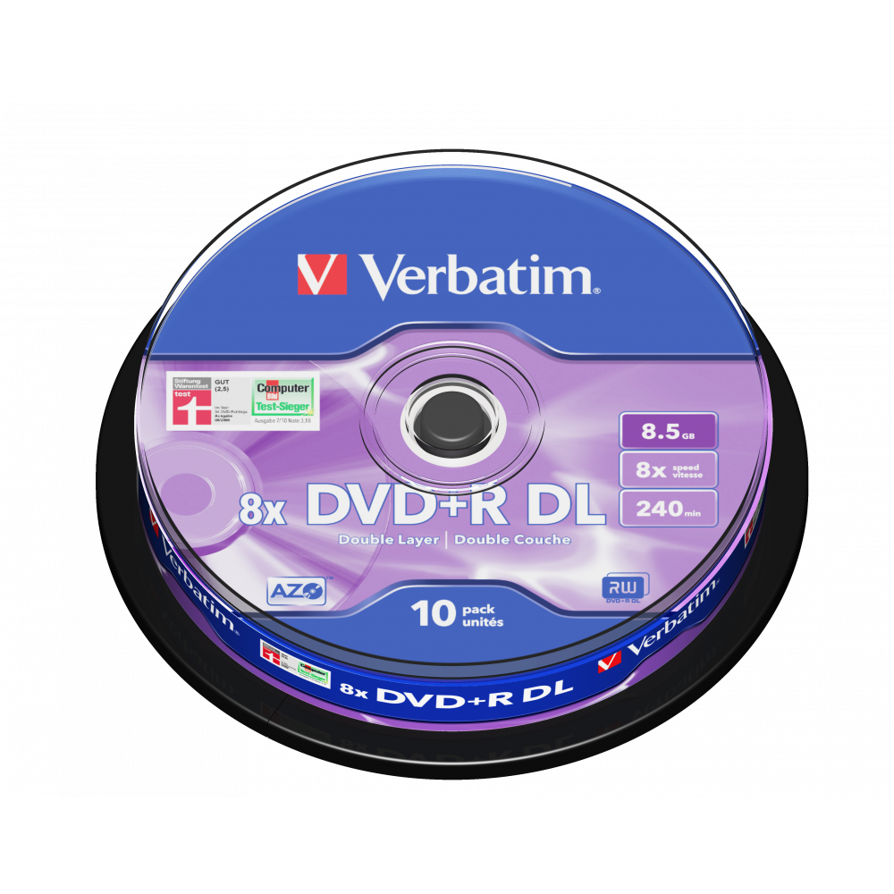 Оптический диск Verbatim DVD+R DL 8.5GB 8X AZO Matt Silver, Spindle, 10 шт