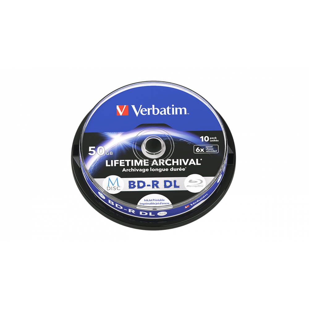 Оптический диск Verbatim BD-R DL 50GB 6X MDISC Lifetime archival Inkjet Printable, Spindle, 10 шт