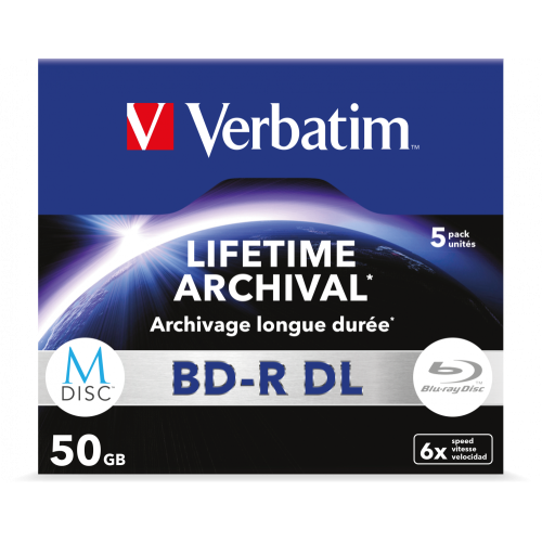 Оптический диск Verbatim BD-R DL 50GB 6X MDISC Lifetime archival, Jewel Case, 5 шт