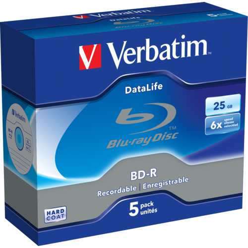 Оптический диск Verbatim BD-R SL 25GB 6X Datalife White Blue HardCoat, Slim Case, 5 шт