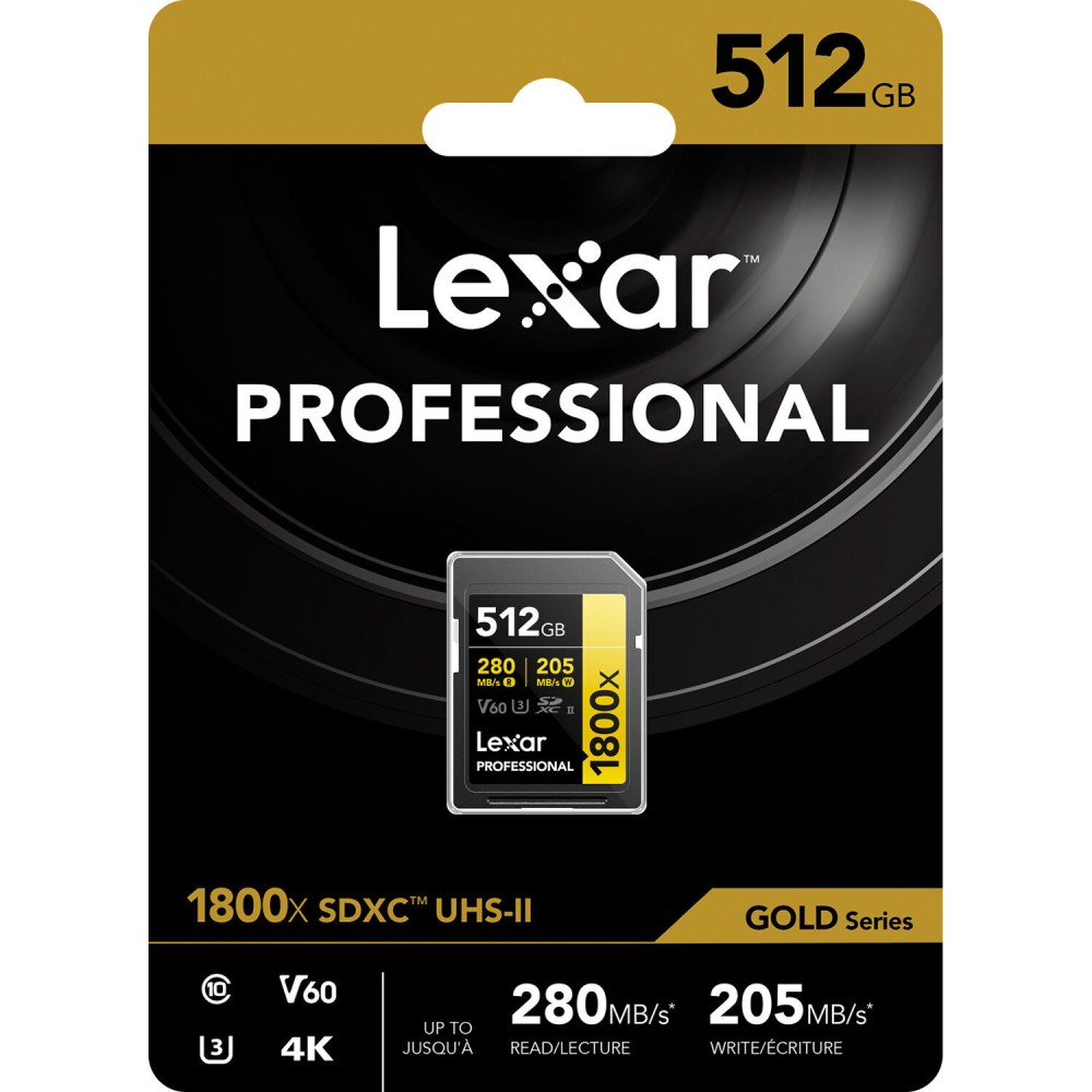Карта памяти Lexar Professional 1800x Gold SDXC 512GB UHS-II U3 V60, R/W 280/205 МБ/с