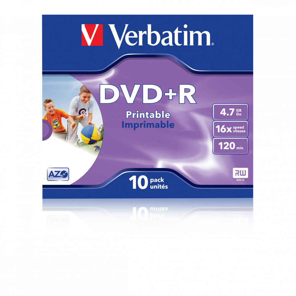Оптический диск Verbatim DVD+R 4.7GB 16X AZO Wide Inkjet Printable ID Brand, Slim Case, 10 шт