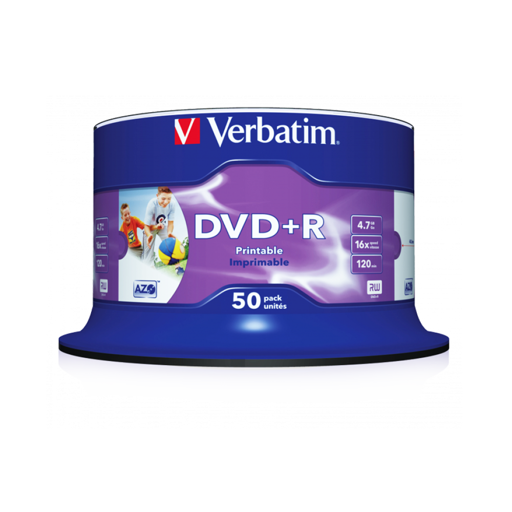 Оптический диск Verbatim DVD+R 4.7GB 16X AZO Wide Inkjet Printable No ID Brand, Spindle, 50 шт