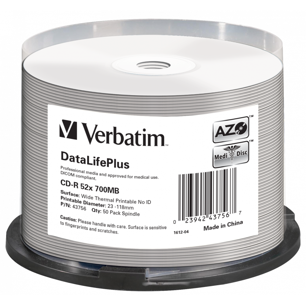 Оптический диск Verbatim CD-R 700MB 52X AZO DataLifePlus Wide Thermal Printable, Spindle, 50 шт
