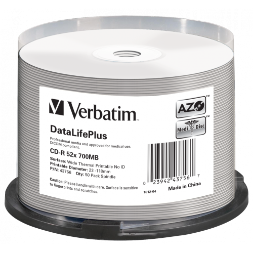 Оптический диск Verbatim CD-R 700MB 52X AZO DataLifePlus Wide Thermal Printable, Spindle, 50 шт