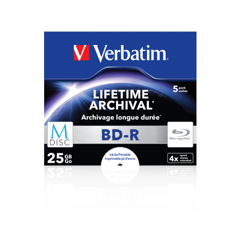 Оптический диск Verbatim BD-R 25GB 4X MDISC Lifetime archival Inkjet Printable, Slim Case, 5 шт