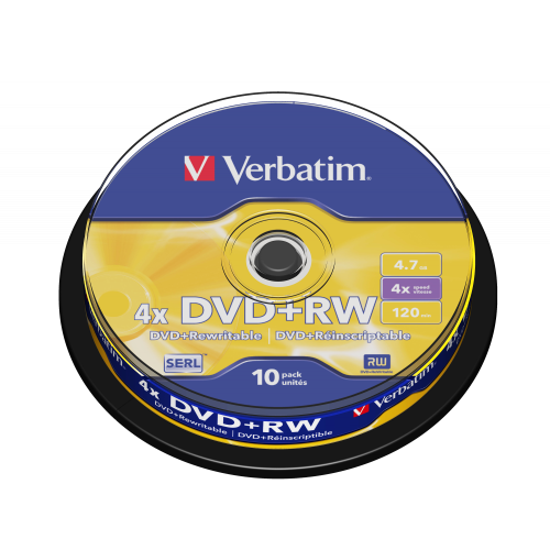 Оптический диск Verbatim DVD+RW 4.7GB 4X SERL Matt Silver, Spindle, 10 шт