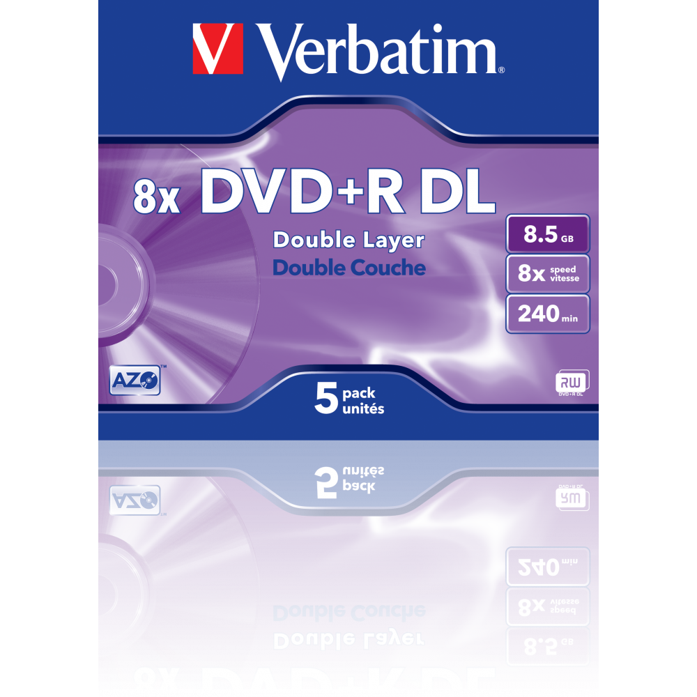 Оптический диск Verbatim DVD+R DL 8.5GB 8X AZO Matt Silver, Slim Case, 5 шт