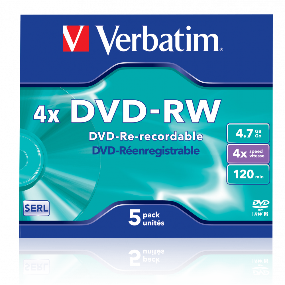 Оптический диск Verbatim DVD-RW 4.7GB 4X SERL Matt Silver, Slim Case, 5 шт