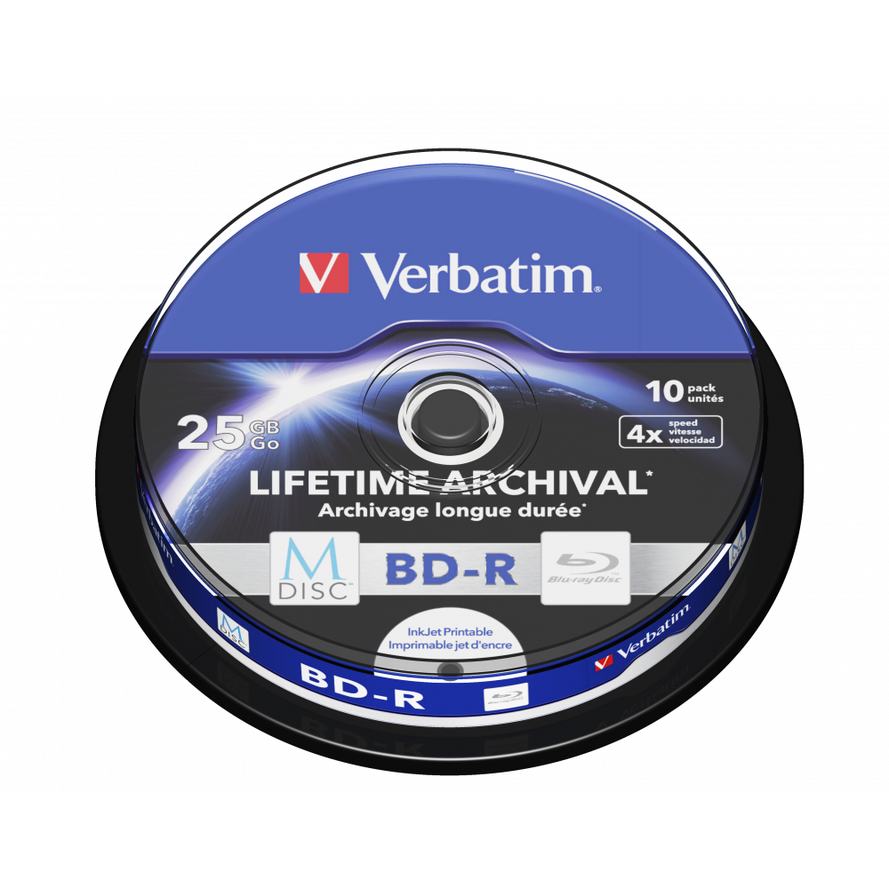 Оптический диск Verbatim BD-R 25GB 4X MDISC Lifetime archival Inkjet Printable, Spindle, 10 шт