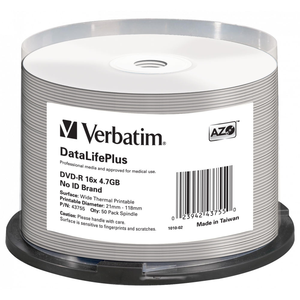 Оптический диск Verbatim DVD-R 4.7GB 16X AZO DataLifePlus Wide Thermal Printable, Spindle, 50 шт