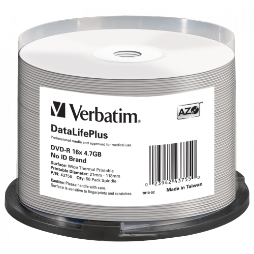 Оптический диск Verbatim DVD-R 4.7GB 16X AZO DataLifePlus Wide Thermal Printable, Spindle, 50 шт